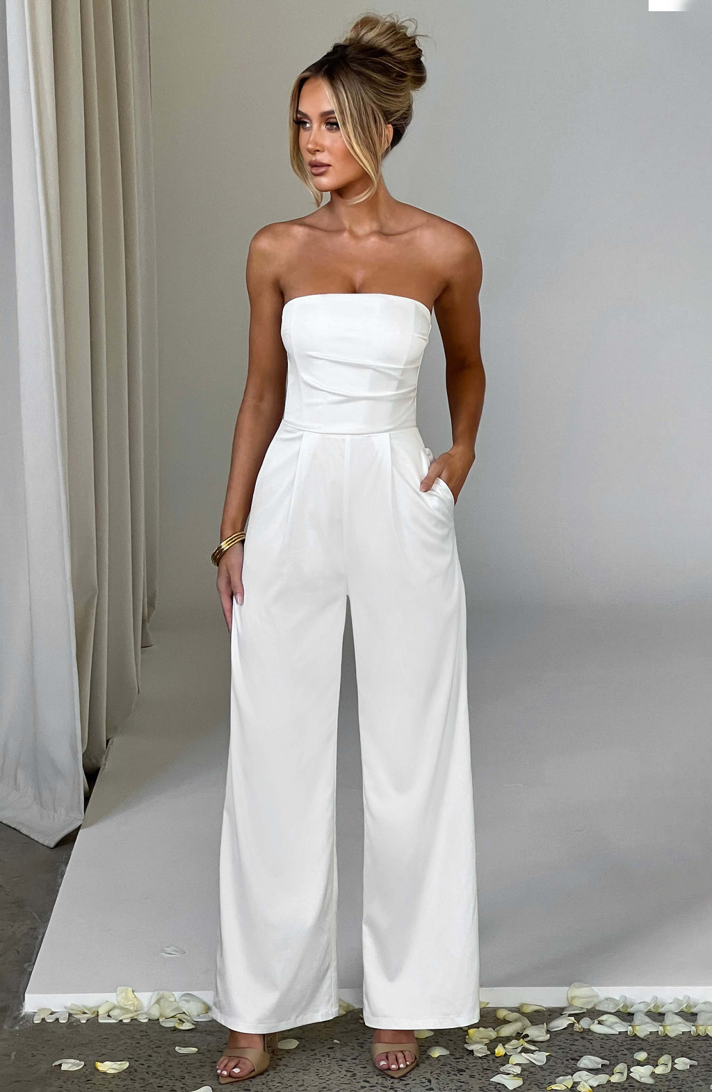 Valetti Giaro | Elise Strapless Satin Wide-Leg Jumpsuit