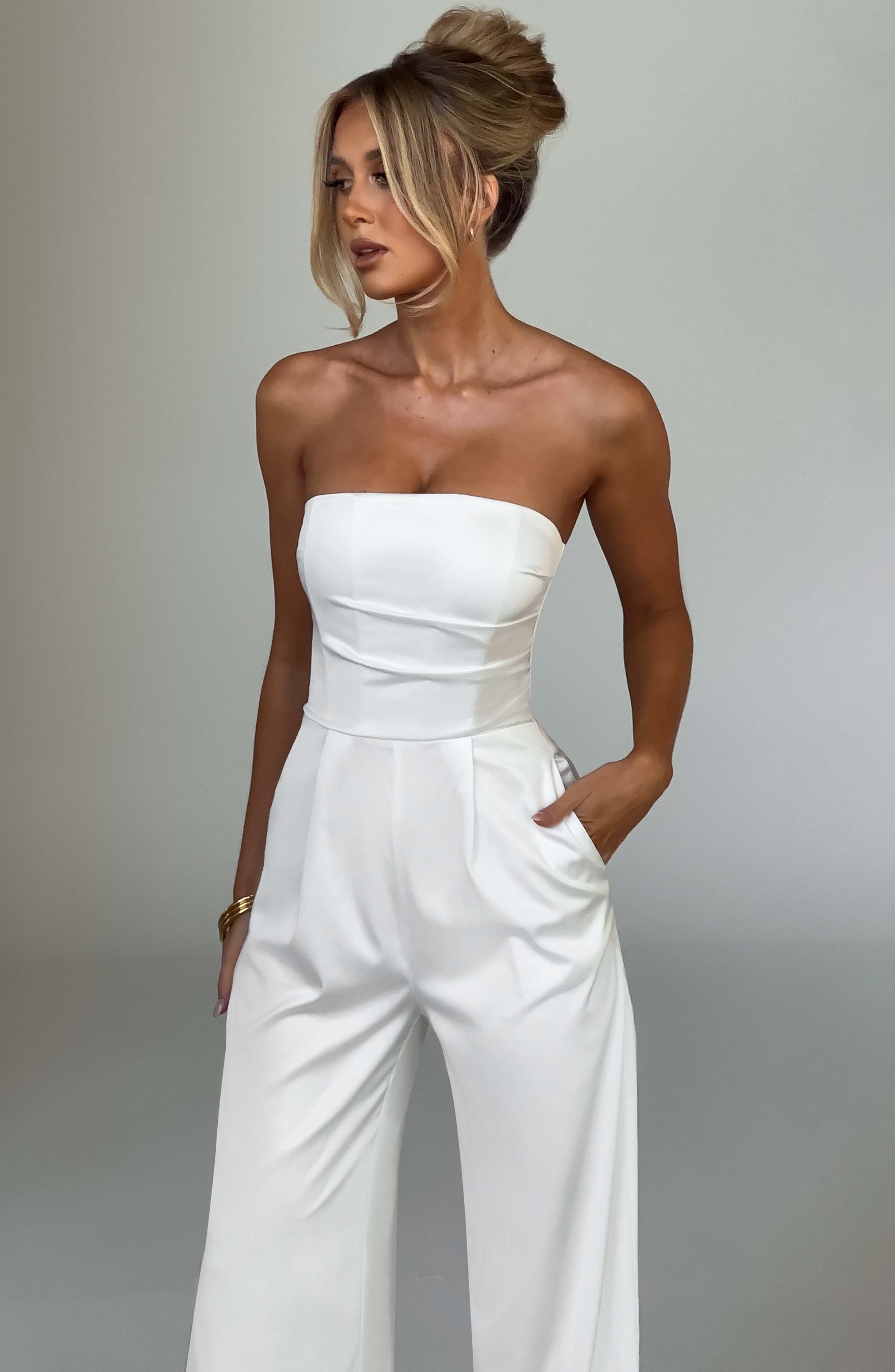 Valetti Giaro | Elise Strapless Satin Wide-Leg Jumpsuit