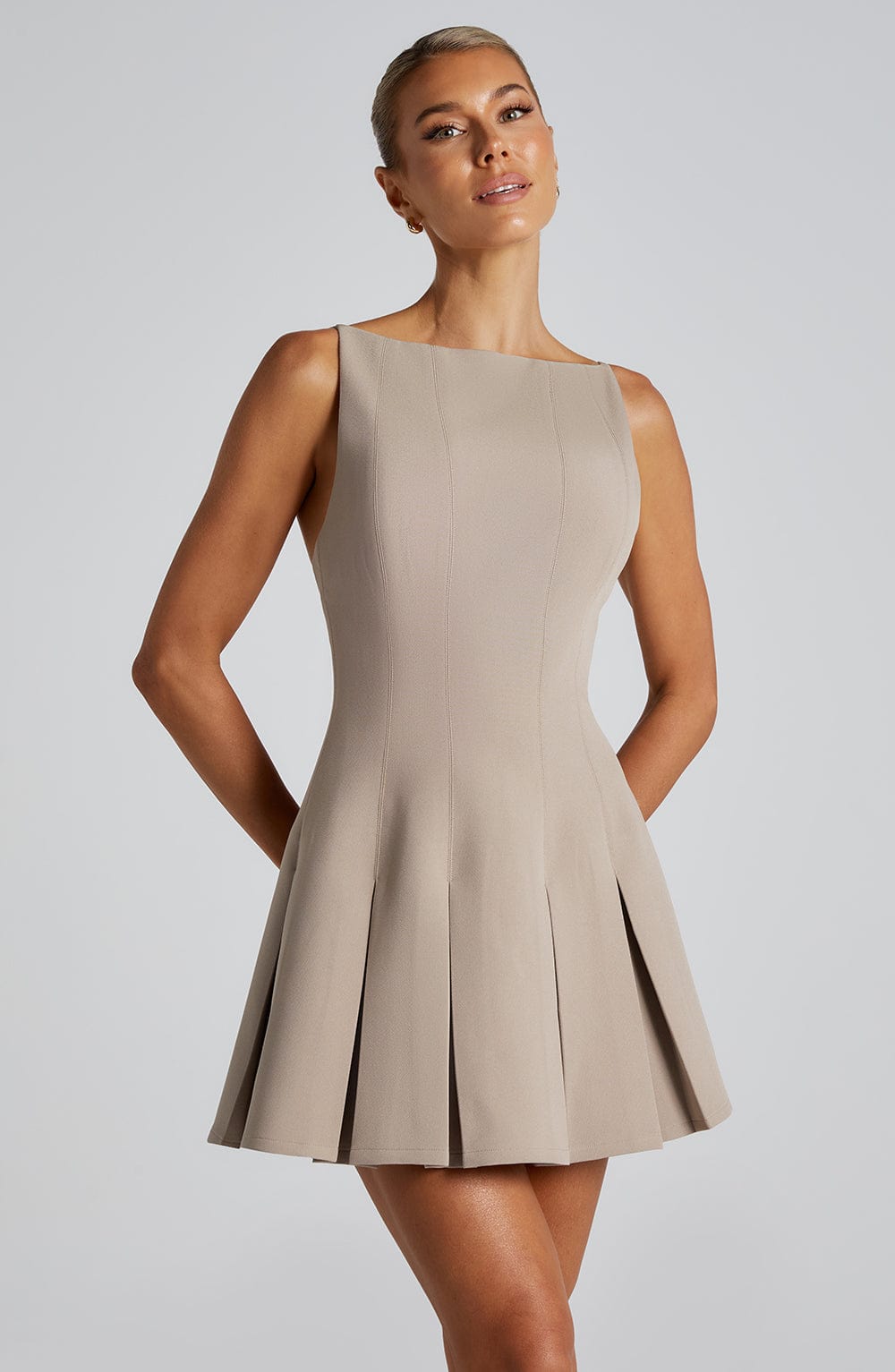 Valetti Giaro | Noelle Taupe Crepe A-Line Mini Dress