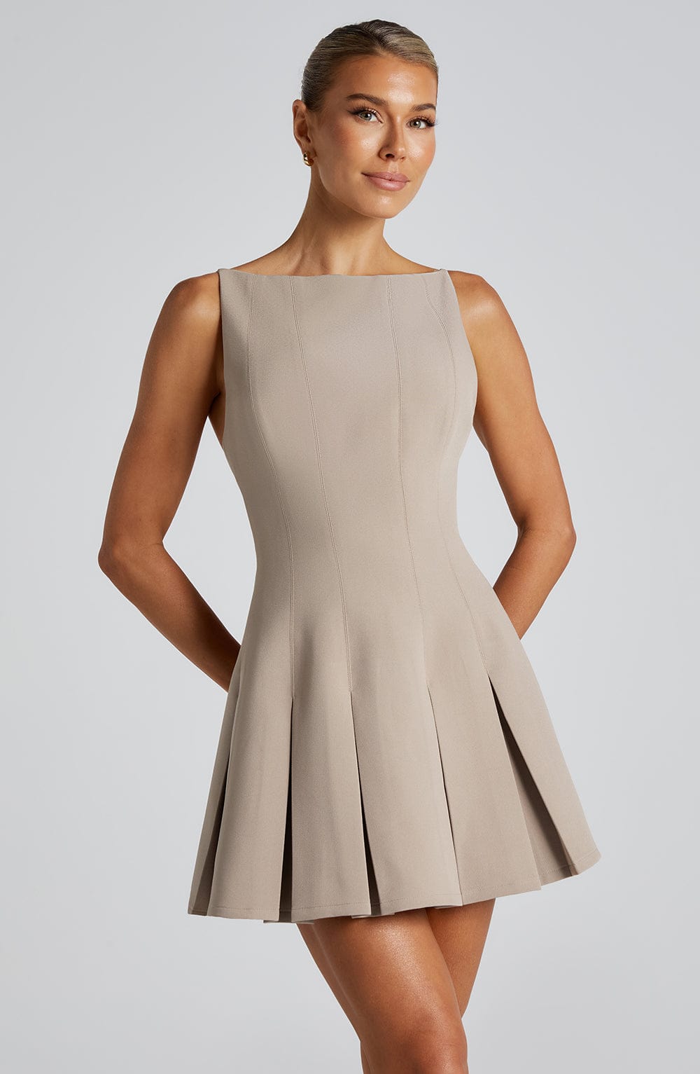Valetti Giaro | Noelle Taupe Crepe A-Line Mini Dress