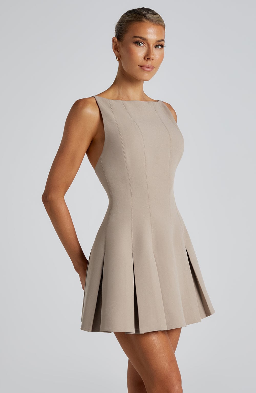 Valetti Giaro | Noelle Taupe Crepe A-Line Mini Dress